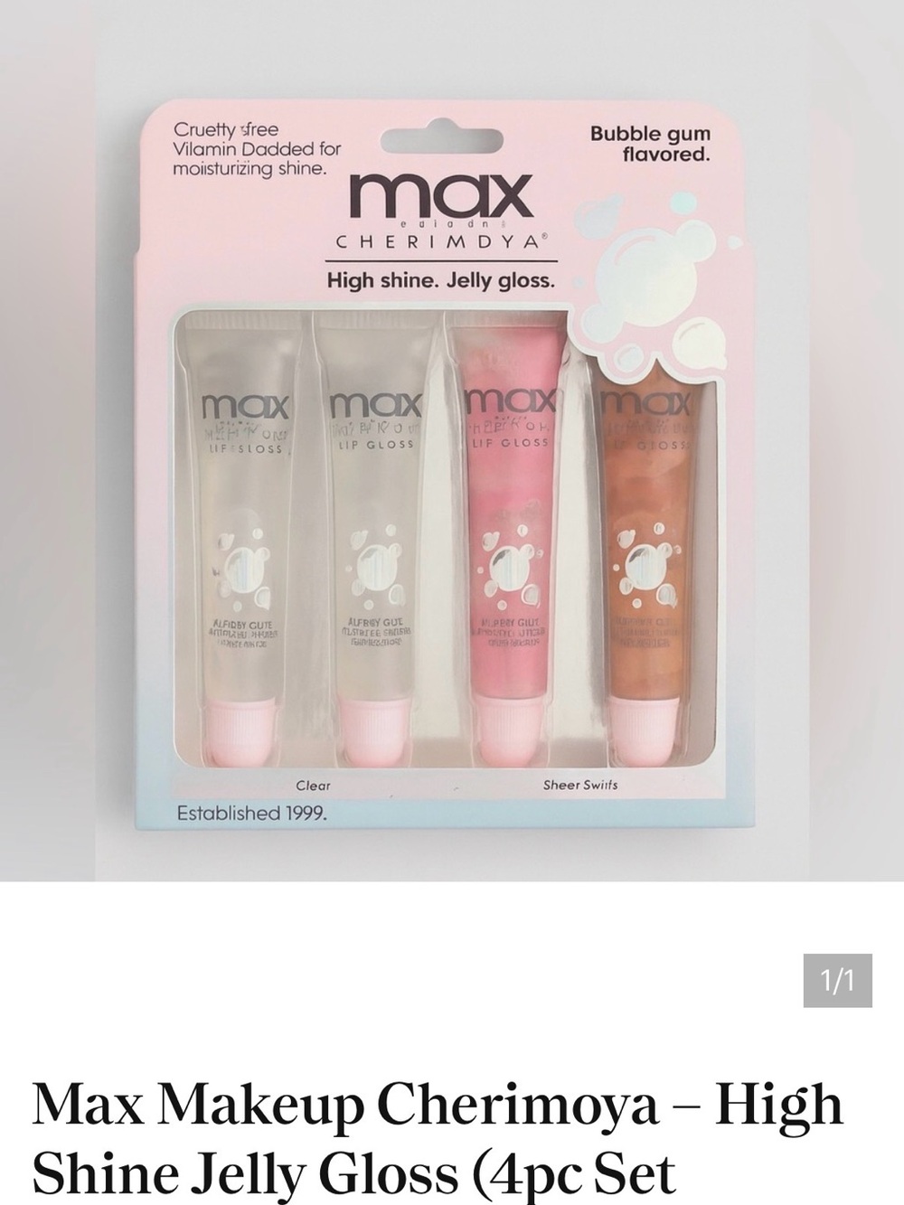Max Makeup Cherimoya High Shine Jelly Lip Gloss Set - Pink, Brown, Clear (4pc)